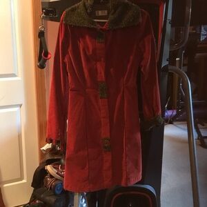 London Artist Rust Red Corduroy Trench Coat with Green and Speckled Details
